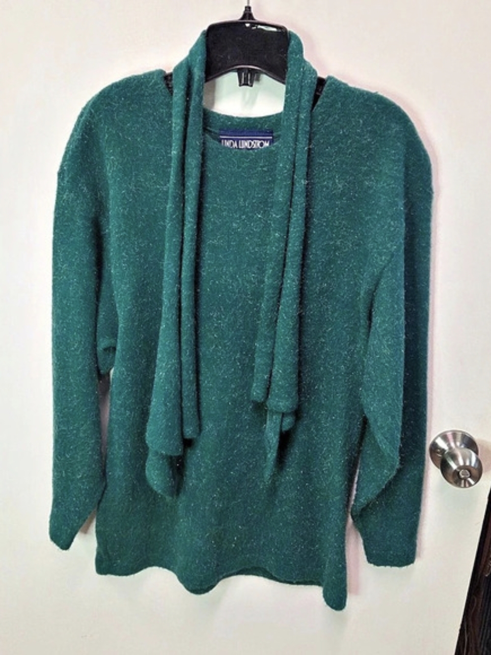 VTG 80s 90s Linda Lundstrom Forest Green Textured Knit Sweater Attached Scarf
